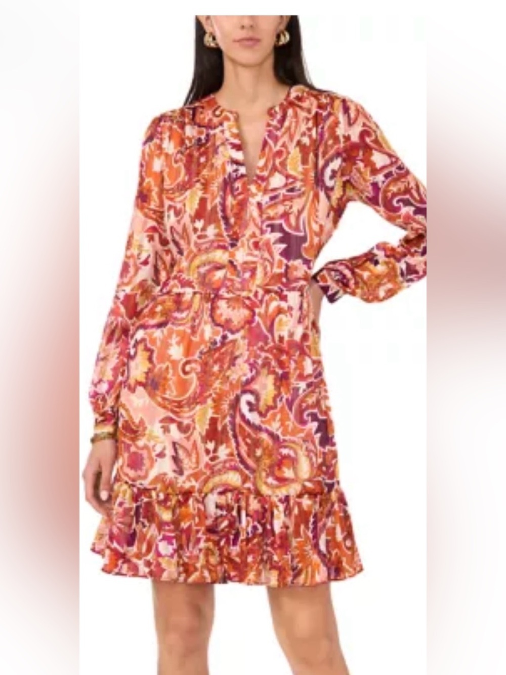 1. State Paisley-Print Long Sleeve Midi Dress in Orange and Pink